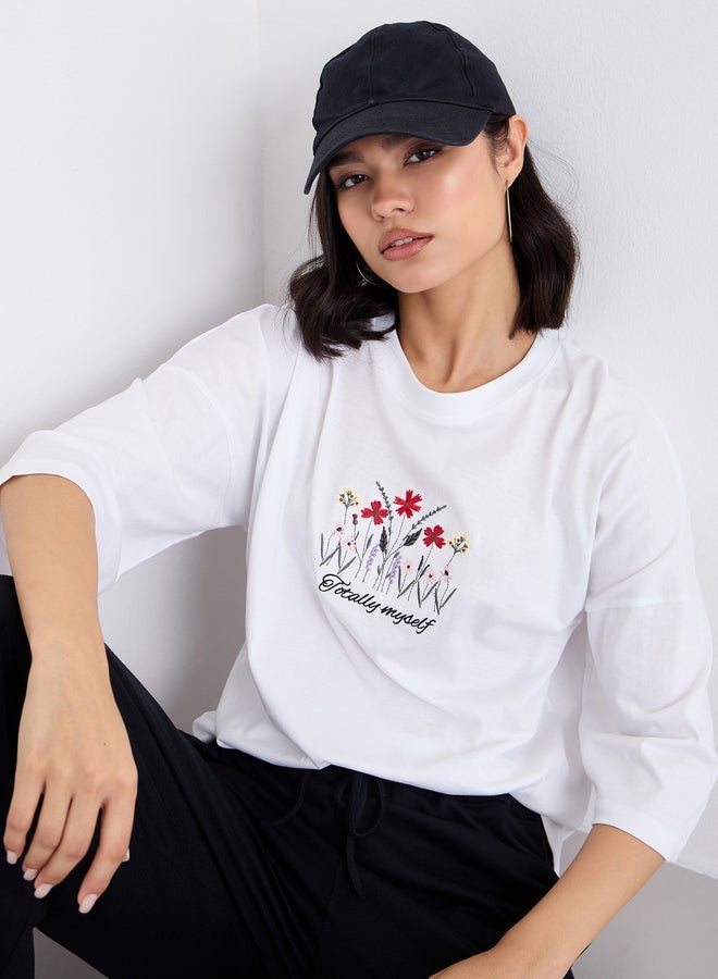 Styli Women White Embroidered Detail Oversized T-Shirt - Image 5